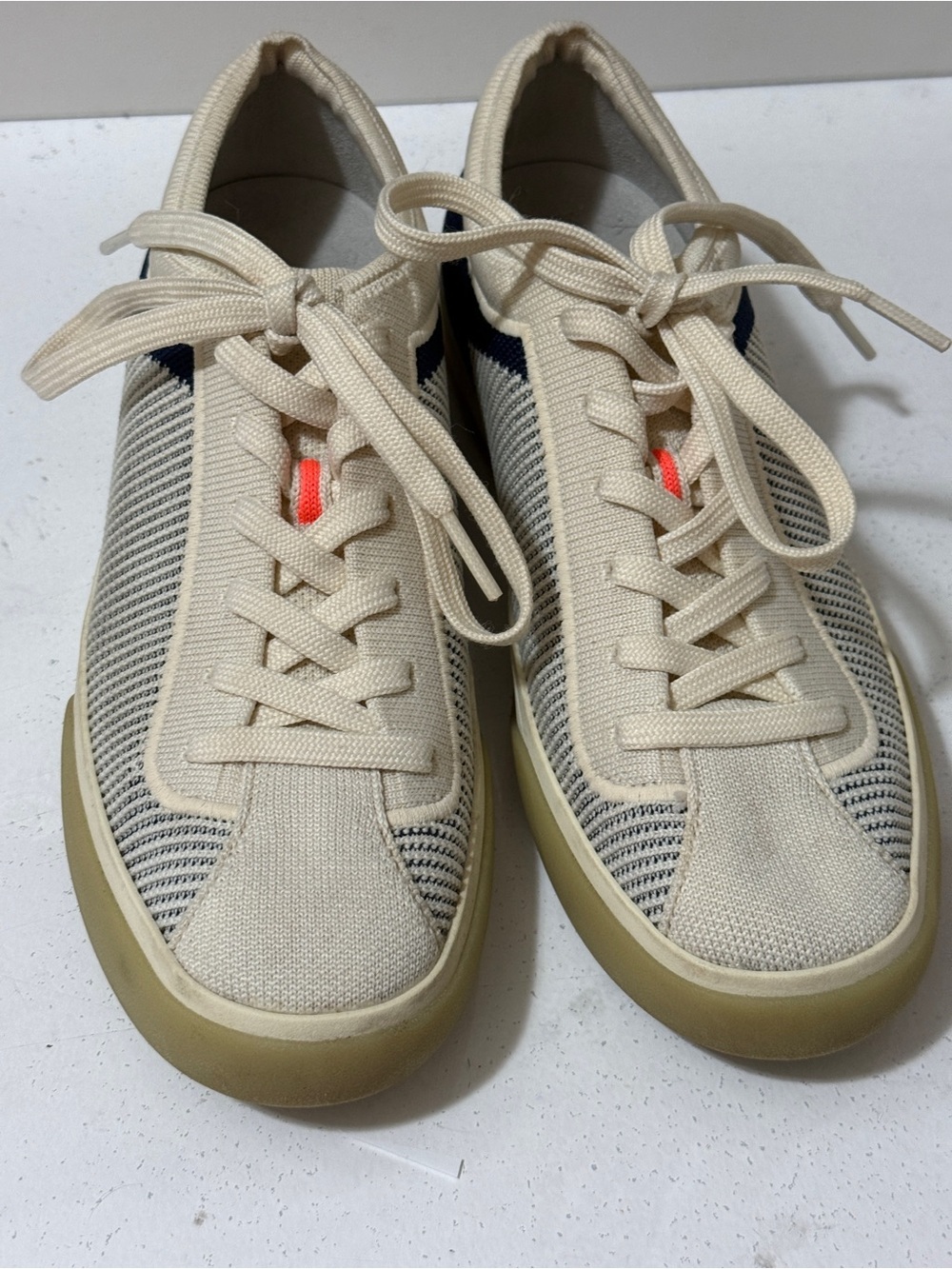 Rothy's Cream Knit Low-Top Sneakers with Navy and Orange Accents